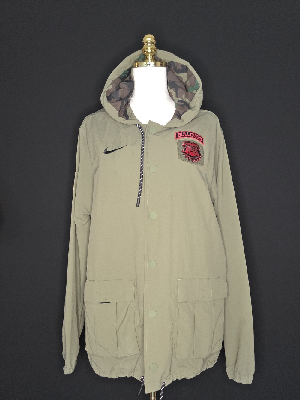 Nike Men's Olive Hooded Bulldog Patch Jacket